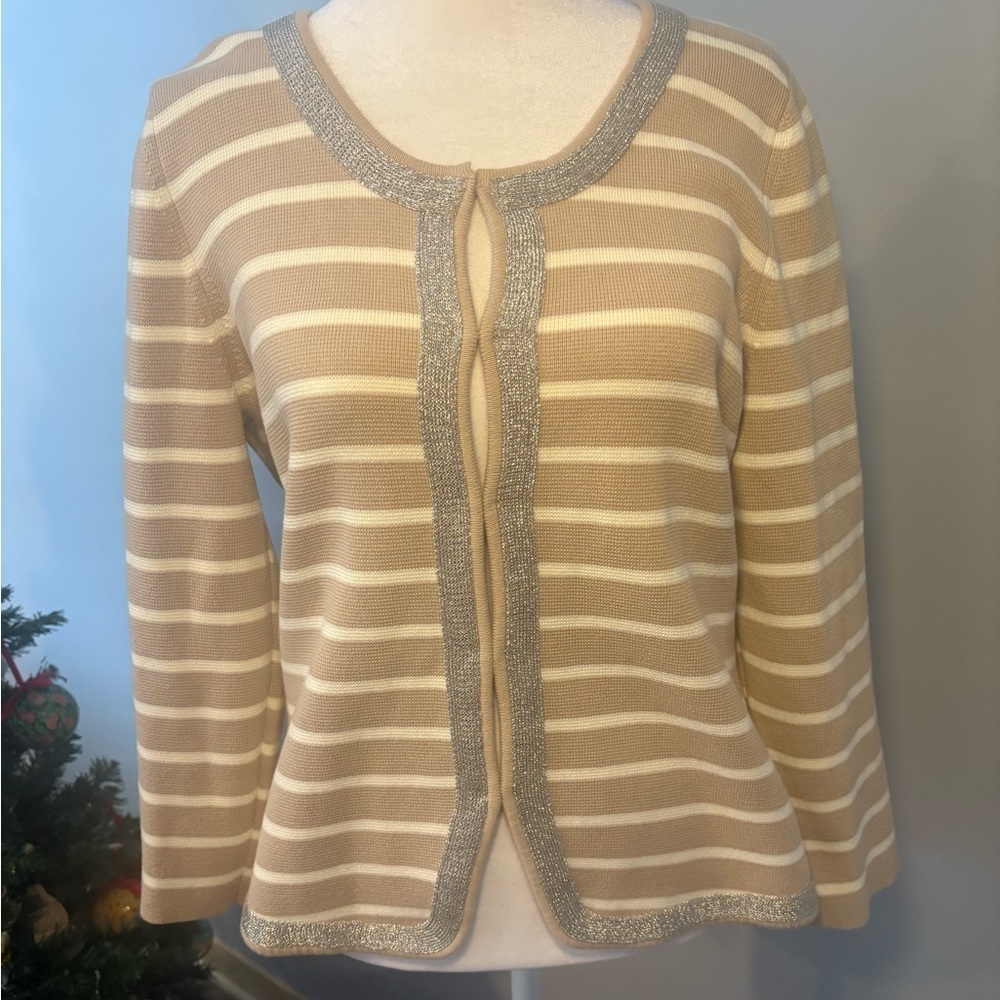 Banana Republic Women’s L Striped Open Front Cardigan Silver Trim Cotton - Picture 2 of 14
